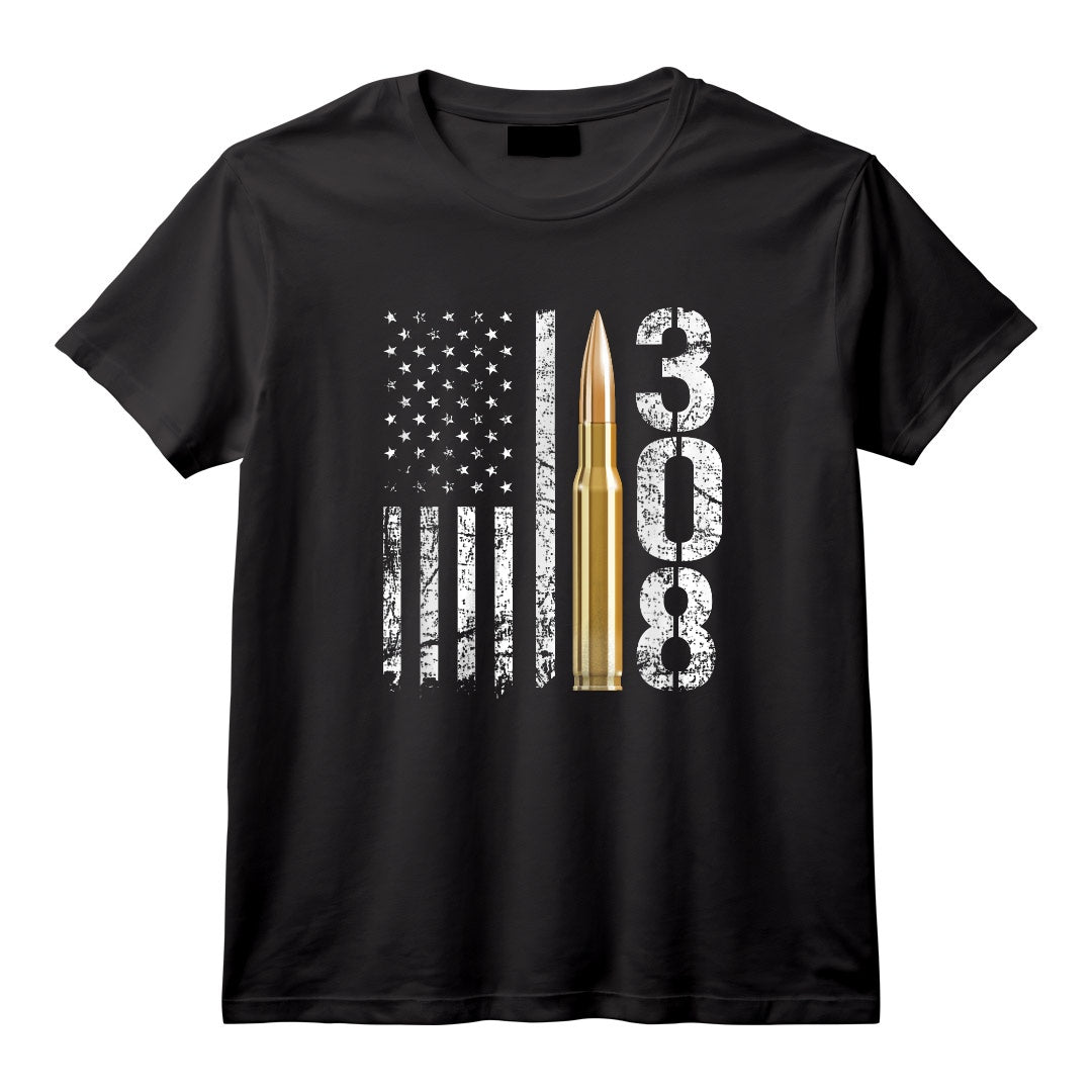 .308 Fusil à munitions Calibre 308 Drapeau des États-Unis T-Shirt Patriotique pour Homme - Cadeau Symbolique pour Vétérans et Amoureux des Armes