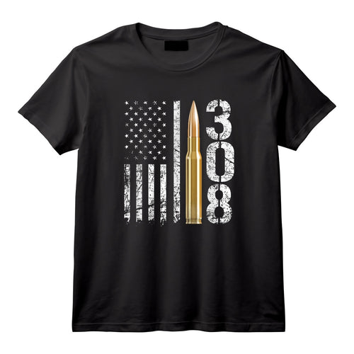 .308 Fusil à munitions Calibre 308 Drapeau des États-Unis T-Shirt Patriotique pour Homme - Cadeau Symbolique pour Vétérans et Amoureux des Armes